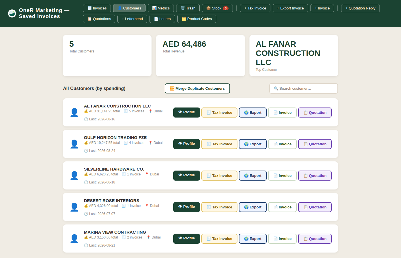 Customer management view showing spend and invoice history per customer