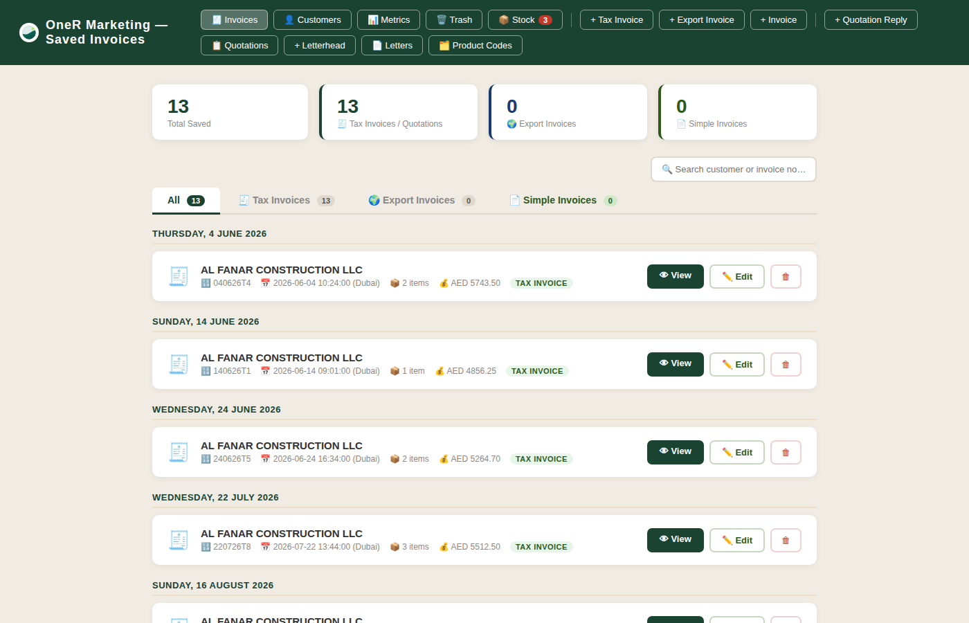 Main dashboard listing all saved invoices and documents