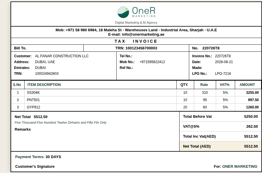 A real FTA-compliant UAE tax invoice generated by OneR Invoice, showing VAT breakdown and TRN