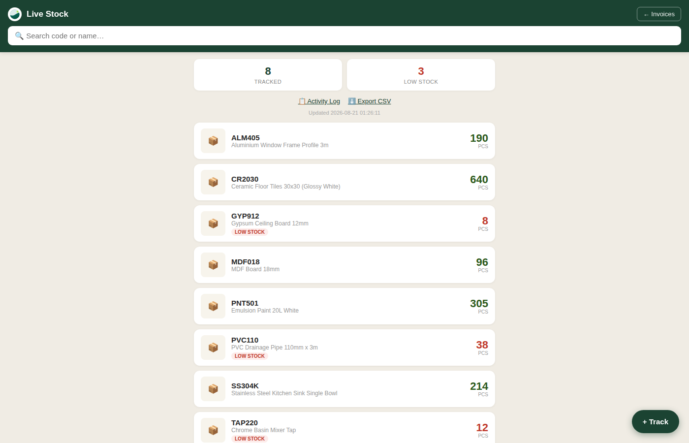 Live stock tracking view with low-stock alerts